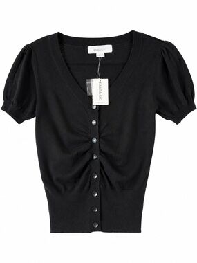 mac & jac Black Button-Front V-Neck Puff Sleeve Top